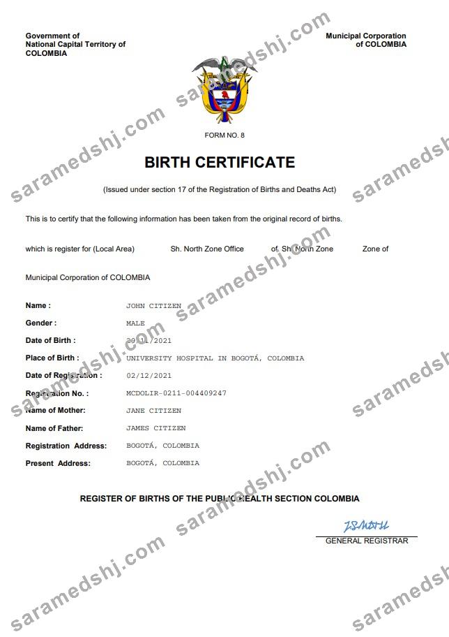 Colombia vital record birth certificate Word and PDF template